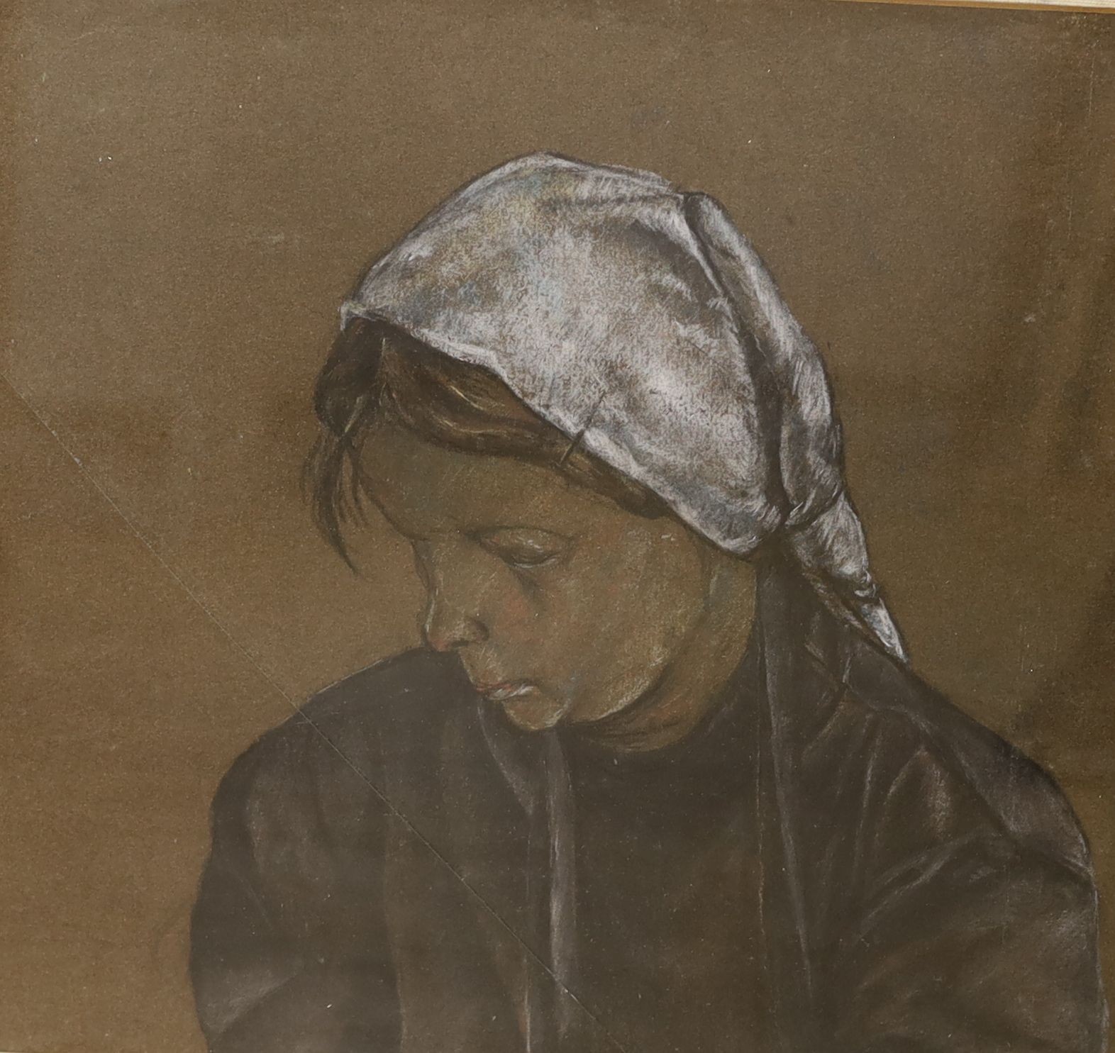 Continental School, pastel on brown paper, Study of a woman wearing a head scarf, 33 x 37cm and a late Victorian drawing of a child artist, 38 x 32cm